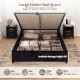 Queen size lift-up storage bed in black with large under-bed space for suitcases, quilts, and shoes.