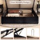 Lift-up storage bed with black corduroy fabric, soft-close gas struts, and hand-lifting strap for easy access to.
