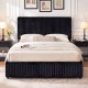 Queen size lift-up storage bed in black with plush corduroy upholstery and large under-bed storage for organization.