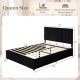 Queen size lift-up storage bed in black with upholstered headboard and wooden slat support, ideal for under-bed storage.