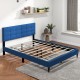 Queen size upholstered platform bed in blue with button tufted headboard, featuring solid wooden slats and modern.