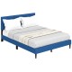 Queen size upholstered platform bed in blue with button tufted headboard, ideal for modern bedroom decor and under-bed.