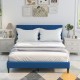 Queen size upholstered platform bed in blue showcasing a padded headboard and stylish design, suitable for any bedroom.