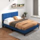 Queen size upholstered platform bed in blue with button tufted headboard, perfect for modern bedroom decor.