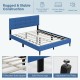 Queen size upholstered platform bed in blue with button tufted headboard, solid wood legs, and adjustable foot pads for.