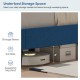 Queen size upholstered platform bed in blue with under-bed storage space and button tufted headboard for modern.
