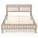 Queen wood bed frame with upholstered headboard in natural finish, showcasing a front view of the sturdy slats and legs.