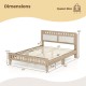 Queen wood bed frame with upholstered headboard, natural finish, dimensions 63"x85", supports 700 lbs, no box spring.