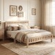 Queen wood bed frame in natural finish, highlighting the upholstered headboard and cozy bedding for a stylish bedroom.