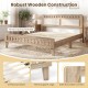 Queen wood bed frame with upholstered headboard, robust wooden construction, and safe rounded corners for comfort.