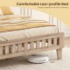 Queen wood bed frame with upholstered headboard, featuring a low-profile design for easy floor cleaning and robust.