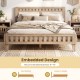 Queen wood bed frame with upholstered headboard, featuring embedded design for mattress stability and robust wooden.