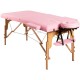 Foldable pink facial spa bed with adjustable height, reinforced beech frame, and included headrest for comfort.