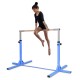 Child performing a skill on the adjustable blue gymnastics horizontal bar, with a height range of 36" to 59".