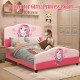 Upholstered toddler bed with cute girl patterns, robust PVC material, and adjustable height for a princess room.