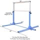 Adjustable blue gymnastics horizontal bar with height from 36" to 59", suitable for kids' training and home use.