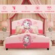 Upholstered toddler bed with cute girl pattern, made of eco-friendly PVC and MDF, ideal for kids' rooms.
