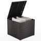 Rattan outdoor storage box with lid open, featuring a 72-gallon capacity and zippered liner, ideal for backyard use.