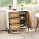 Rattan sideboard buffet cabinet with 1 door and 3 drawers, featuring a white finish and metal legs for sturdy storage.