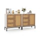Rattan sideboard buffet cabinet in white with 1 door and 3 drawers, perfect for living room or dining room storage.