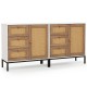 Rattan sideboard buffet cabinet in white with 1 door and 3 drawers, featuring metal legs for sturdy storage.