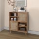Rattan buffet cabinet with 2 doors and 4 open cubbies in natural wood, ideal for kitchen or living room storage.