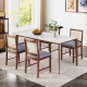 Rattan dining chair set with rubber wood frame and linen fabric padded seats, ideal for dining rooms and cozy spaces.