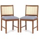 Set of 2 rattan dining chairs with walnut rubber wood frames and linen fabric padded seats, perfect for dining areas.