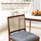 Rattan dining chair with rubber wood frame and padded linen seat, featuring a breathable rattan backrest for comfort.