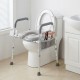 Raised toilet seat with handles and padded arms, adjustable height for seniors, includes magazine storage and non-slip.