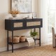 Rattan console table in black with a stylish open shelf and two cabinets, featuring a sturdy carbon steel frame.