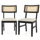 Set of 2 black rattan dining chairs with padded seats and rubber wood legs, featuring a breathable woven backrest.