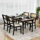 Black rattan dining chairs set with padded seats and rubber wood legs, perfect for stylish kitchen dining.