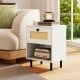 Rattan nightstand in white with a drawer and open shelf, perfect for boho-style living rooms or bedrooms.