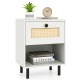 Rattan nightstand in white with a rattan drawer and open shelf, perfect for boho-style living room or bedroom storage.