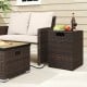 Rattan propane tank cover side table in brown with flip-top lid, ideal for patio and outdoor storage solutions.
