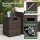 Rattan propane tank cover side table in brown with flip-top lid, cut-out handle, and adjustable foot pads for outdoor.