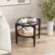 Round side end table with tempered glass top and PE rattan shelf, featuring acacia wood legs for living room use.