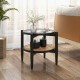 Rattan round side end table with tempered glass top, acacia wood legs, and two-tier storage for versatile use.