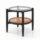 Rattan round side end table with tempered glass top, featuring acacia wood legs and 2-tier storage for versatile use.