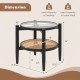 Rattan round side end table with tempered glass top, featuring acacia wood legs and two-tier storage for versatile use.
