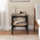 Rattan round side end table with tempered glass top and acacia wood legs, perfect for living room or bedroom storage.