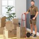 P-handle sack truck with 10-inch wheels, shown with boxes, ideal for moving and package delivery in red.