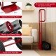 P-handle sack truck in red with foldable load area, heavy-duty metal construction, and 10-inch wheels for easy.