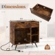 Dimensions of the rustic brown record player stand with power outlet, featuring a storage drawer and open cubby for.