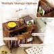 Record player stand in rustic brown with open compartments, pull-out drawer, and built-in charging station for.