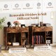 Record player stand in rustic brown with removable dividers, featuring a built-in charging station and open storage.