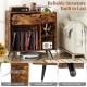 Rustic brown record player stand with power outlet, featuring sturdy metal legs and open cubby for vinyl records.