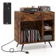 Record player stand in rustic brown with storage drawer, shelves, and built-in charging station for vinyl records and.