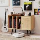 Record player stand in natural wood with rattan cabinet, featuring storage for vinyl records and charging station.
